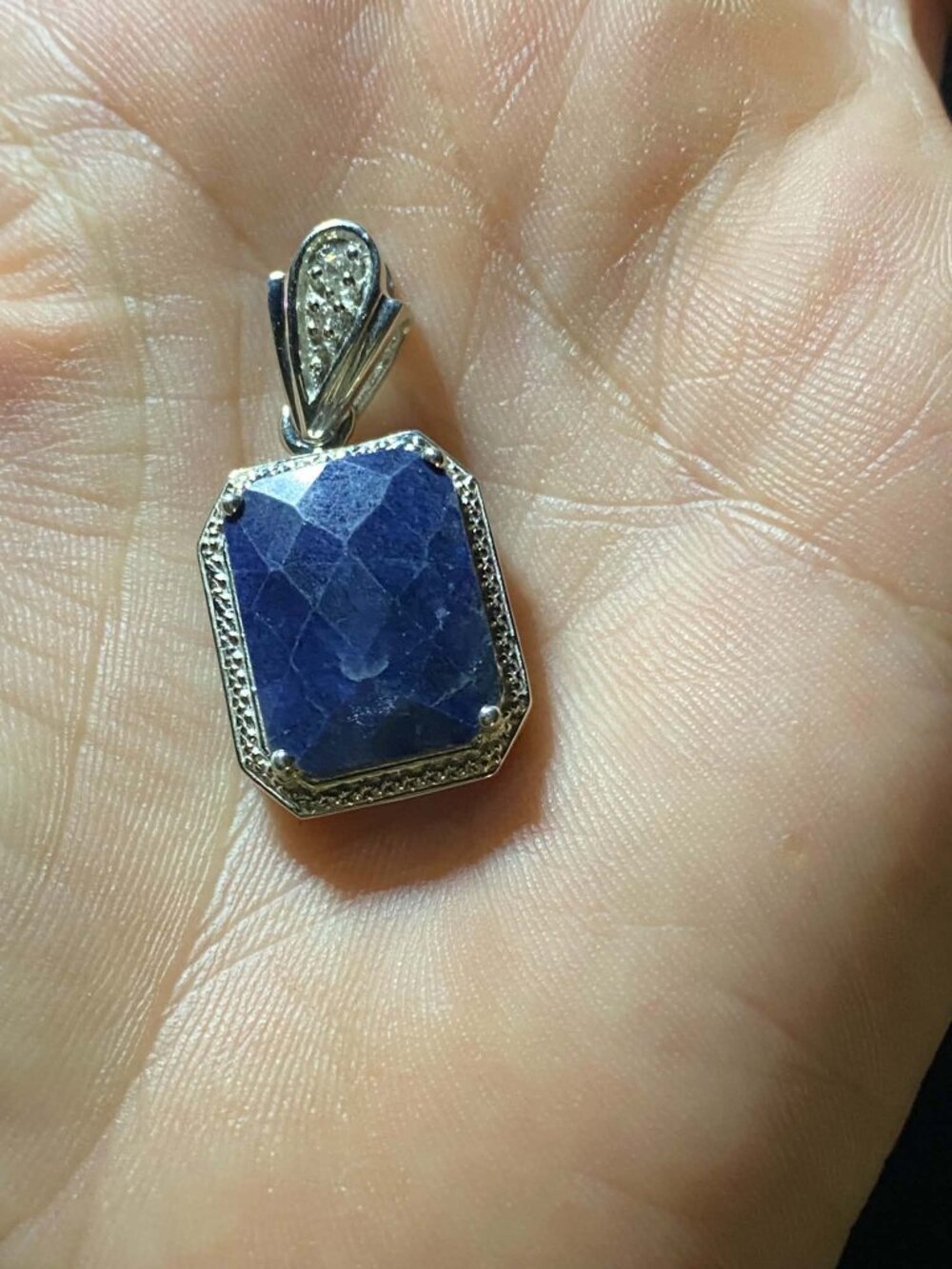 .925 Silver Rhodium Platted 13CT Dyed Blue Sapphire with White Topaz Pendant